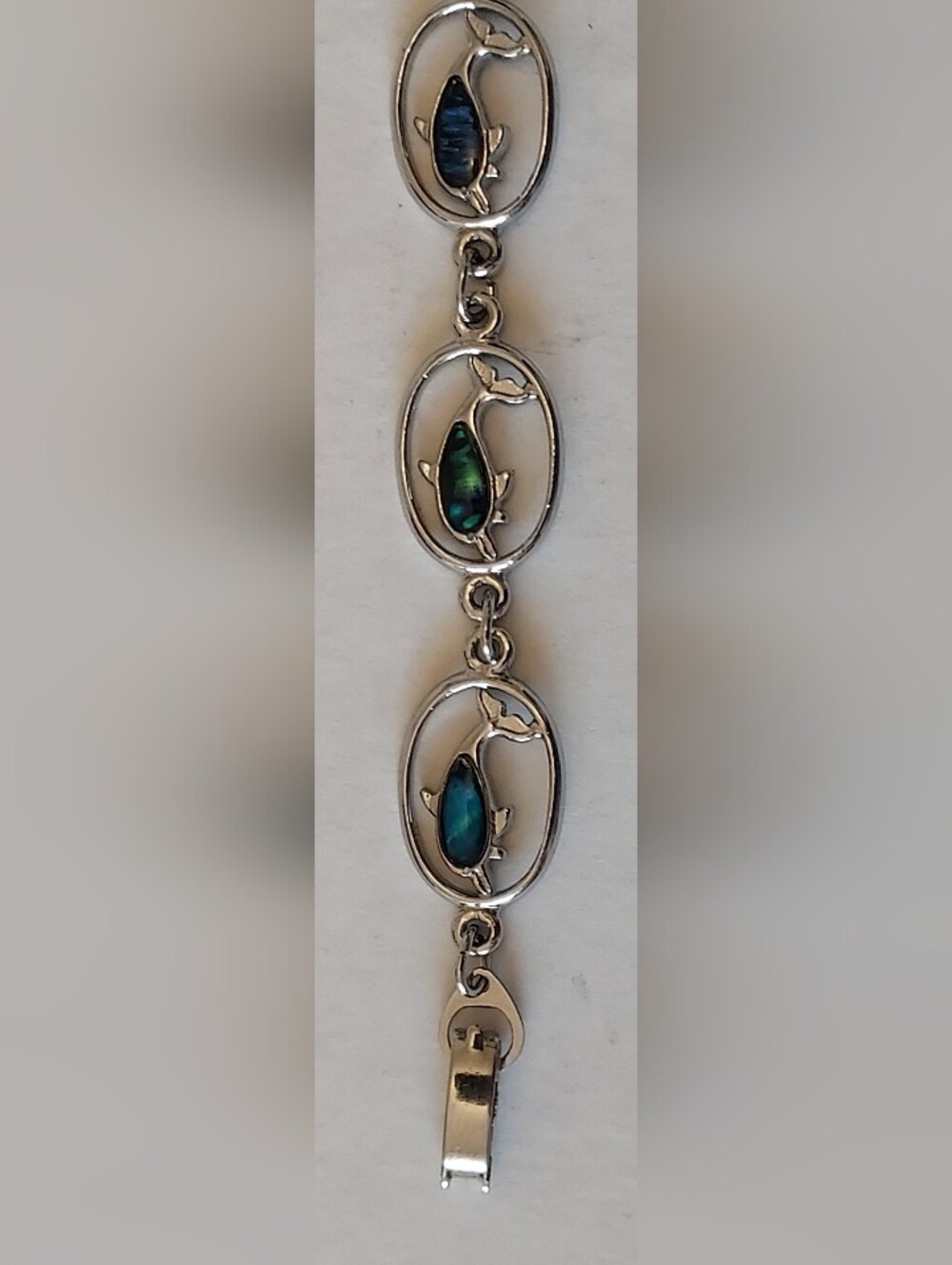Dolphin on Oval Link Bracelet Mother of Pearl Inlay 7” Silver S-80 Stamped - Picture 4 of 10